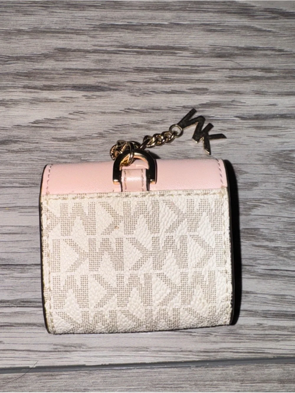 Michael Kors Pink Gold Monogram Leather AirPods Case Keychain